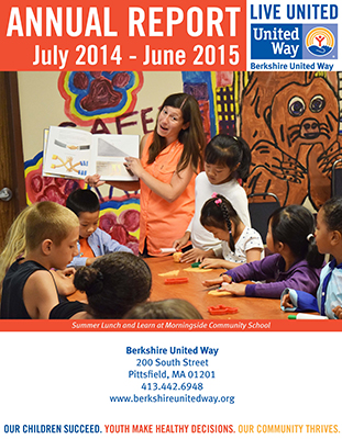 2014-2015 annual report cover woman reads to kids